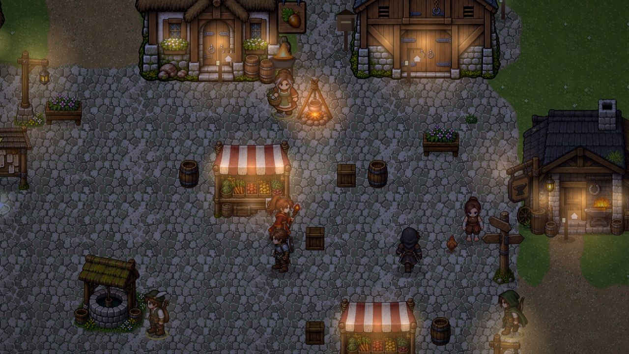 Lanterns and forge-light outside the Acorn inn after dark